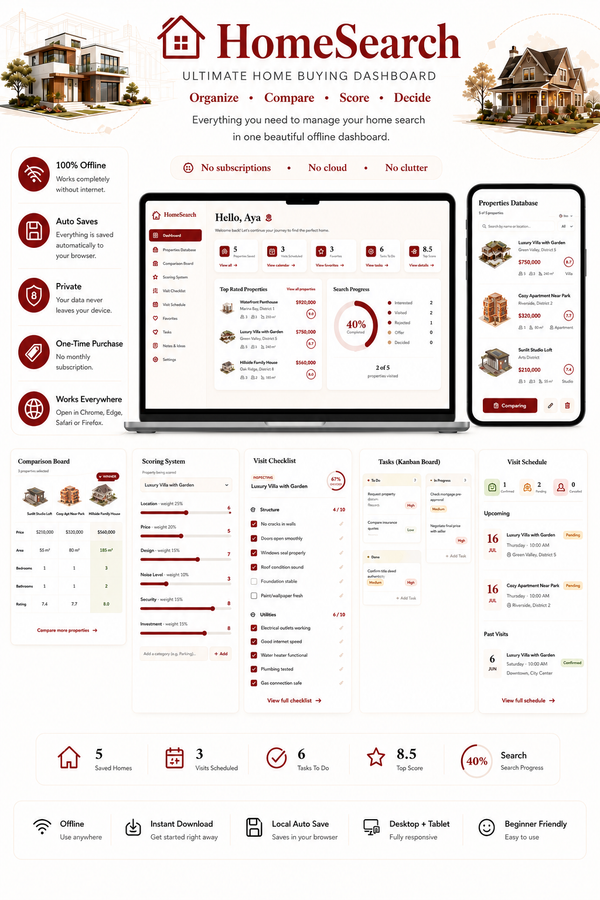 HomeSearch Dashboard – Home Buying Tracker Tool | PC & Tablet
